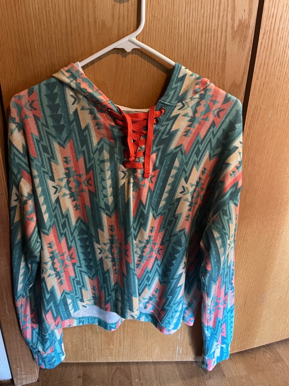 Women's Aztec Lace-Up Hooded Sweatshirt in Teal & Coral
